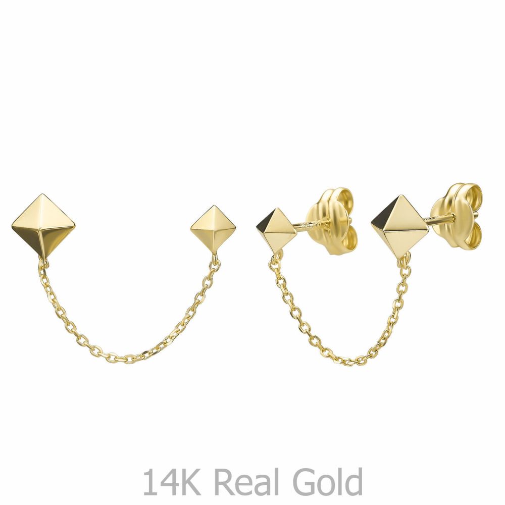 עגילי זהב | עגילי שני חורים מזהב צהוב 14 קראט - נסיה