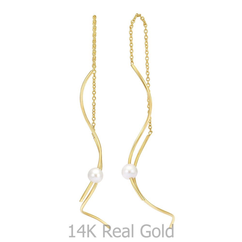 עגילי זהב | עגילים תלויים מזהב צהוב 14 קראט - לונה פנינה