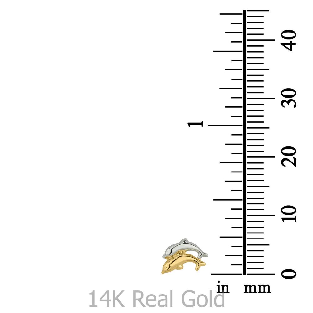 תכשיטים מזהב לילדות | עגילים צמודים מזהב צהוב ולבן 14 קראט - דולפינים מזנקים